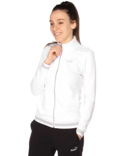 PUMA - Tuta completa da donna bianca e nera con zip frontale e dettagli argento glitter