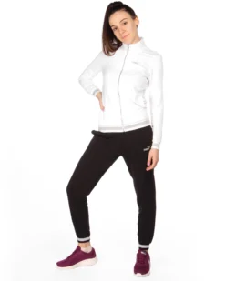 PUMA - Tuta completa da donna bianca e nera con zip frontale e dettagli argento glitter