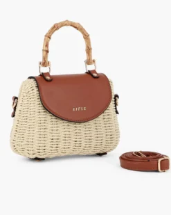 RIFLE - Borsa a mano beige in paglia intrecciata con pattina marrone e manico effetto bambù, tracolla removibile