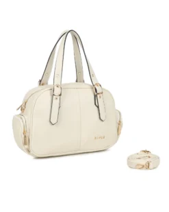 RIFLE - Borsa a mano naturale con tasche laterali e fibbie sui manici, tracolla removibile