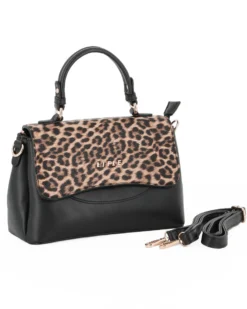 RIFLE - Borsa a mano nera con patta leopardata, tasca posteriore e tre scomparti interni, tracolla removibile