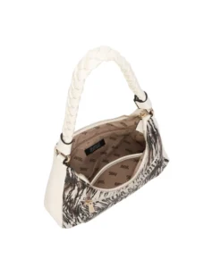 RIFLE - Borsa a spalla animalier beige con manico intrecciato, tracolla removibile