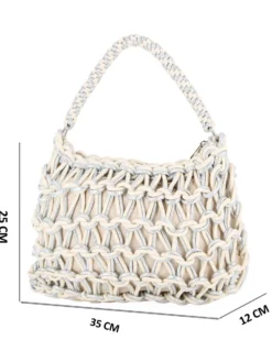RIFLE - Borsa a spalla beige e argento con intreccio in corda bicolore