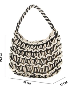 RIFLE - Borsa a spalla beige e nera con intreccio in corda bicolore