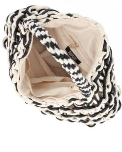 RIFLE - Borsa a spalla beige e nera con intreccio in corda bicolore