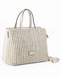 RIFLE - Borsa due manici beige con parte frontale intrecciata, tasca posteriore e tre scomparti interni, tracolla removibile