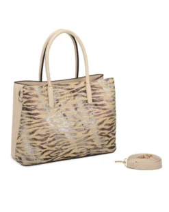 RIFLE - Borsa due manici beige con tre scomparti interni e trama frontale zebrata a intreccio, tracolla removibile
