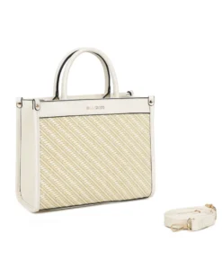 RIFLE - Borsa due manici beige con tasca posteriore e parte frontale in paglia, tracolla removibile