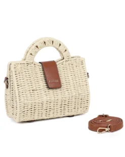 RIFLE - Borsa due manici rigida beige in paglia con pattina, tracolla removibile
