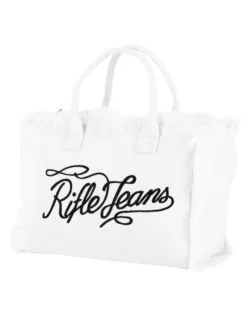 RIFLE - Borsa mare in tessuto bianco con frange e logo nero sul davanti, tracolla removibile
