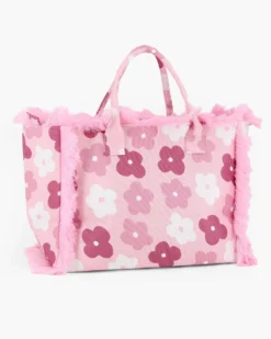 RIFLE - Borsa mare in tessuto rosa con stampa floreale e bordi sfrangiati, tracolla removibile