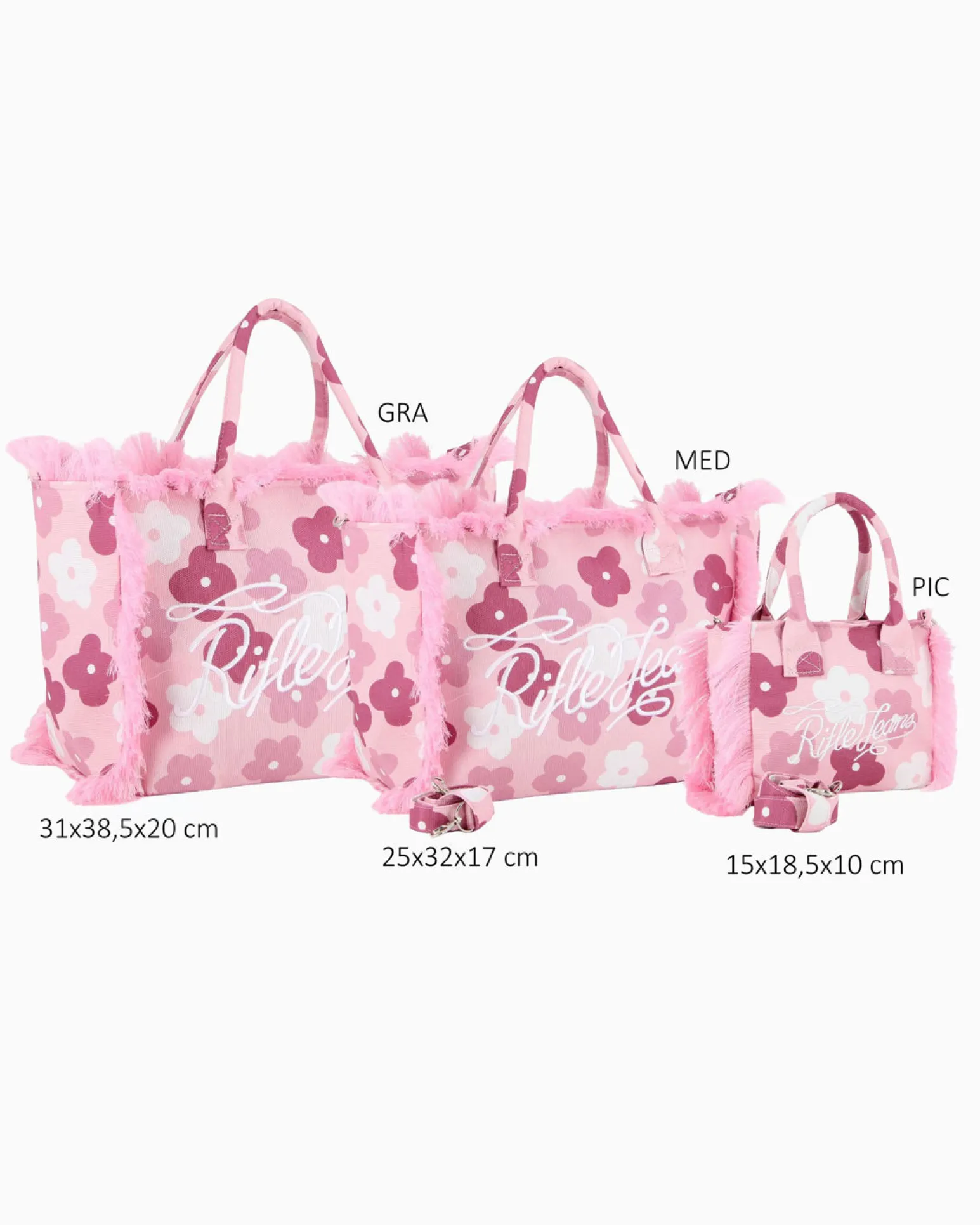 RIFLE - Borsa mare in tessuto rosa con stampa floreale e bordi sfrangiati, tracolla removibile
