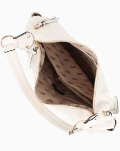 RIFLE - Borsa sacca beige logata con zip frontali, vericali e tasche laterali, tracolla removibile