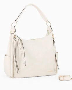 RIFLE - Borsa sacca beige logata con zip frontali, vericali e tasche laterali, tracolla removibile