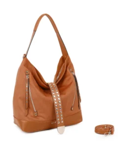 RIFLE - Borsa sacca camel con tasche frontali e mini pattina con borchie, tracolla removibile