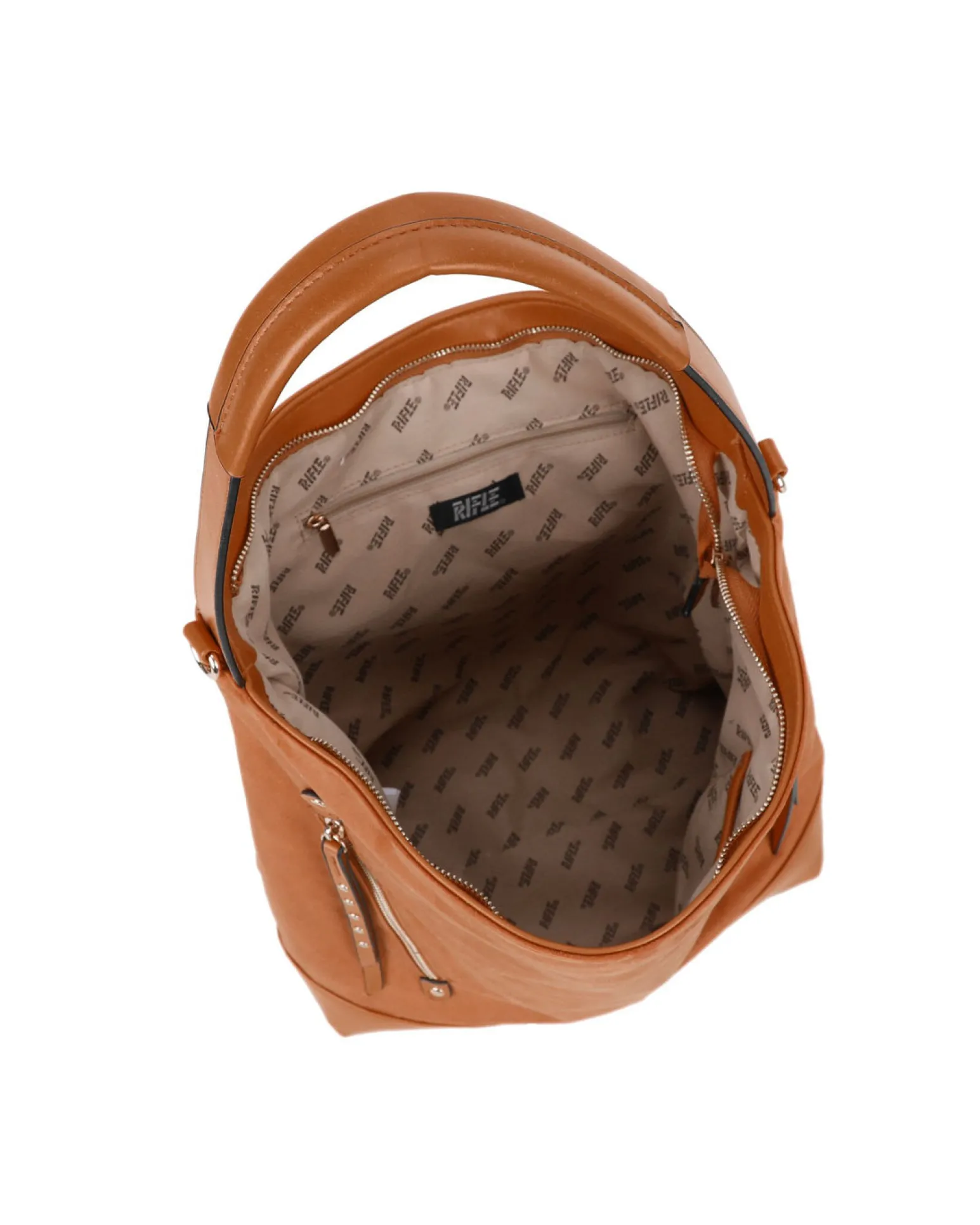 RIFLE - Borsa sacca camel con tasche frontali e mini pattina con borchie, tracolla removibile
