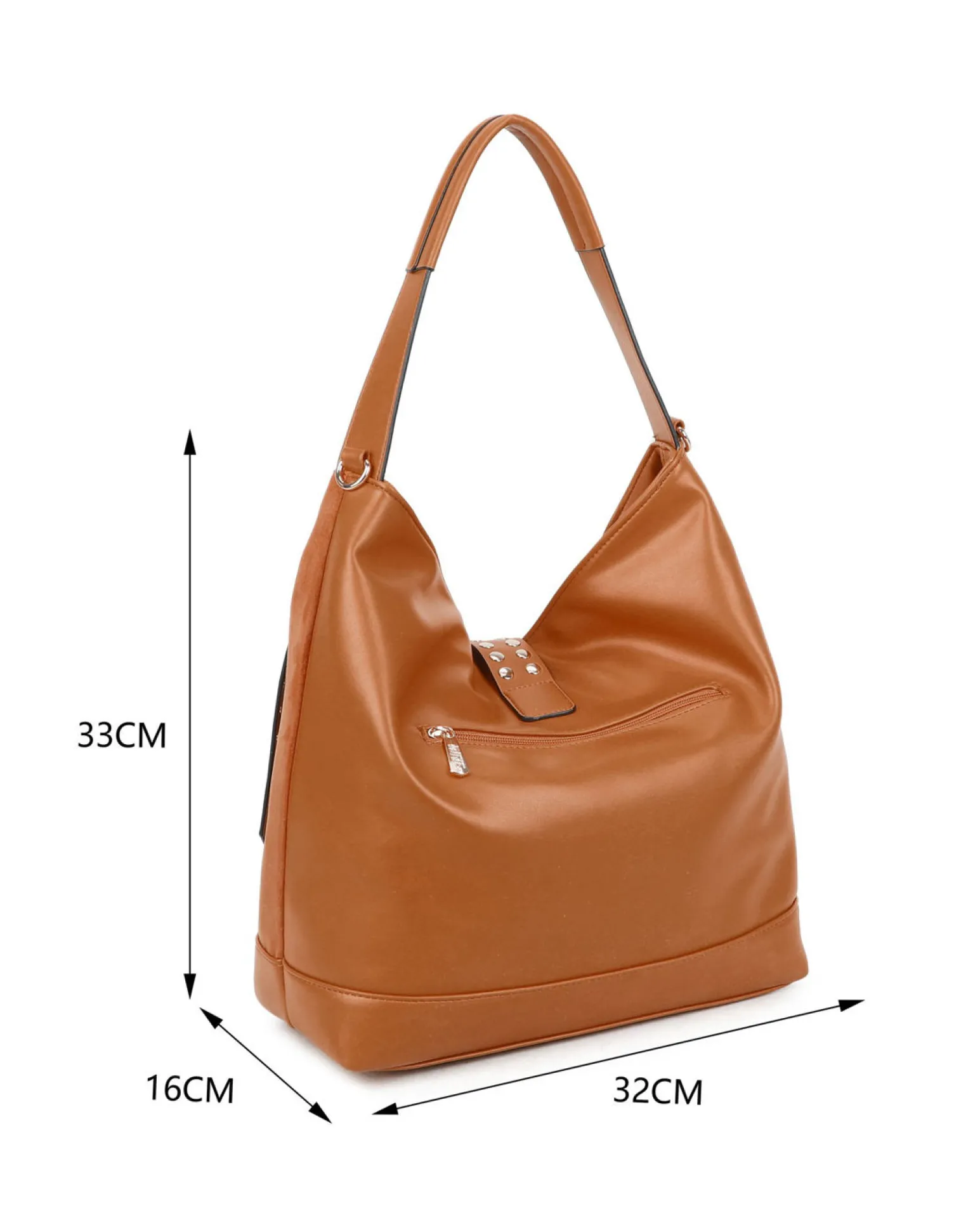 RIFLE - Borsa sacca camel con tasche frontali e mini pattina con borchie, tracolla removibile