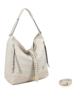 RIFLE - Borsa sacca naturale con tasche frontali e mini pattina con borchie, tracolla removibile