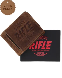 RIFLE - Portafoglio uomo cognac con logo frontale e ribaltina in VERA PELLE