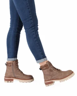 RIFLE - Scarponcino beige da donna con lacci, zip laterale e pelliccia interna