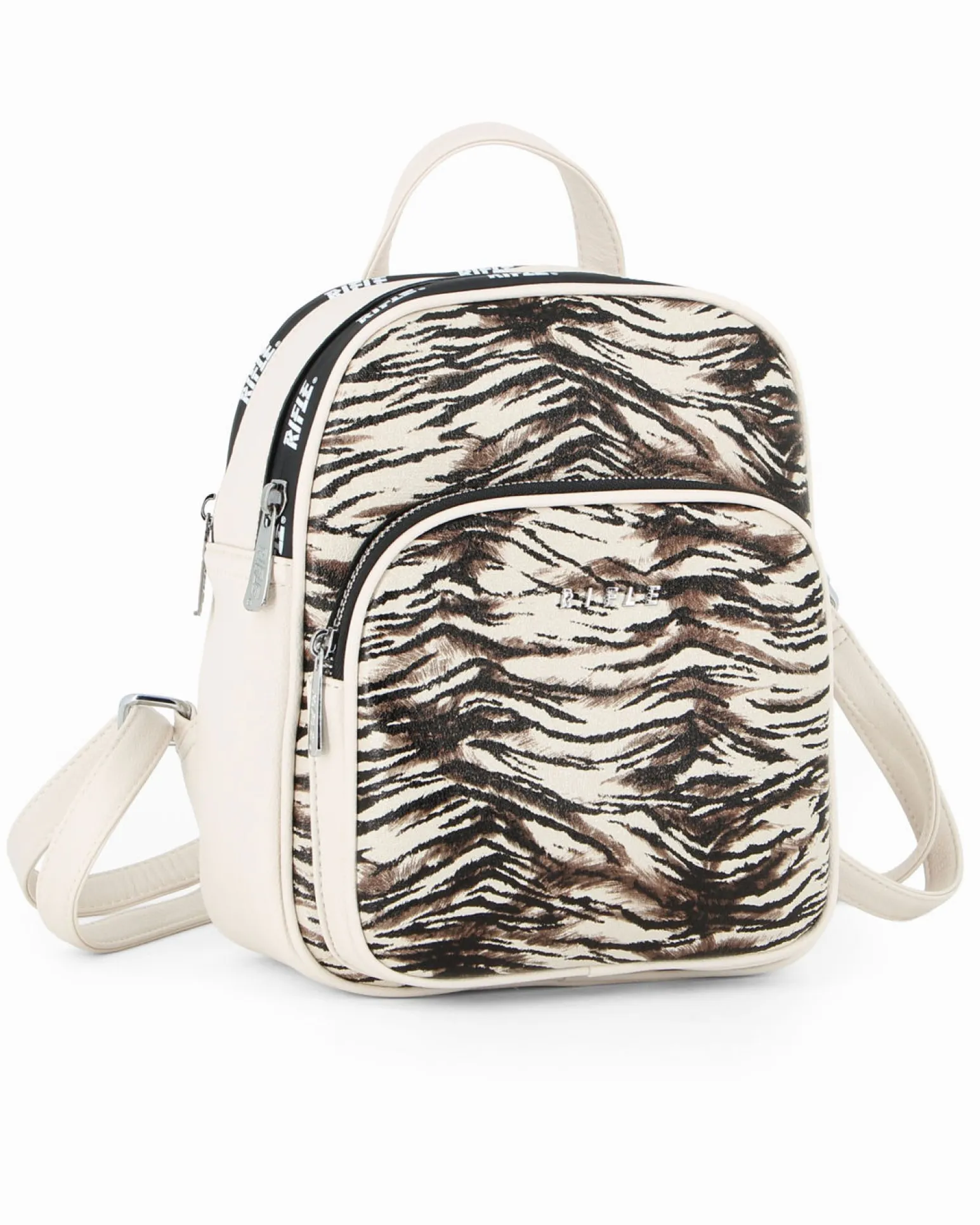 RIFLE - Zaino animalier beige con doppia cerniera loggata e tasca frontale