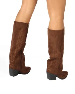 SOLEIL - Stivale texano marrone scamosciato con zip laterale e risvolto, tacco 7CM