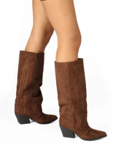 SOLEIL - Stivale texano marrone scamosciato con zip laterale e risvolto, tacco 7CM