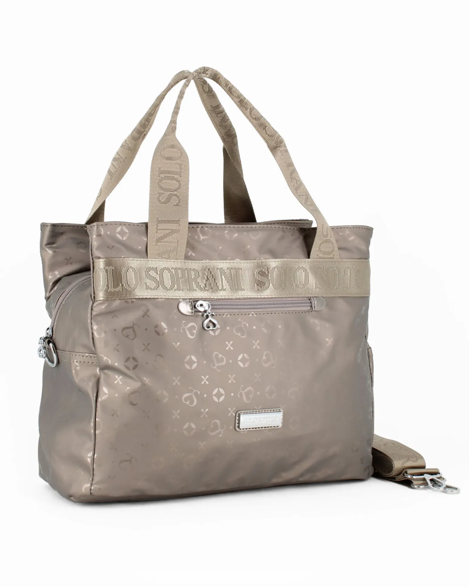 SOLO SOPRANI - Borsa due manici bronzo con tasca frontale e tre scomparti principali, tracolla remobile