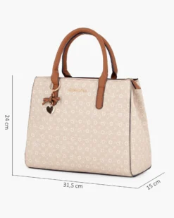SOLO SOPRANI - Borsa due manici beige loggata con ciondolo fiocco+cuore, tracolla removibile