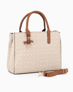 SOLO SOPRANI - Borsa due manici beige loggata con ciondolo fiocco+cuore, tracolla removibile