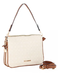 SOLO SOPRANI - Borsa un manico panna loggata con tre scomparti interni e ciondolo fiocco+cuore, tracolla removibile