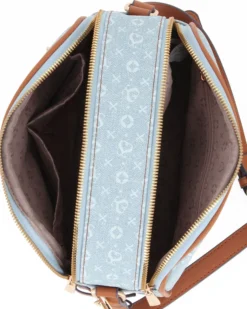 SOLO SOPRANI - Tracolla jeans loggata con due scamparti principali, tasca frontale e ciondolo fiocco+cuore