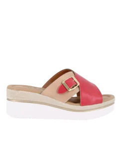 STARLIGHT - Ciabatta platform beige e rossa con fibbia e sottopiede in VERA PELLE, tacco 5,5CM - MADE IN ITALY