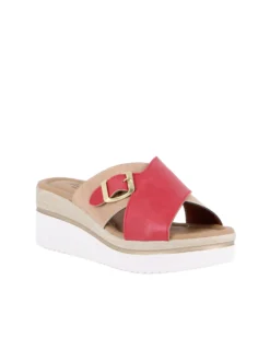 STARLIGHT - Ciabatta platform beige e rossa con fibbia e sottopiede in VERA PELLE, tacco 5,5CM - MADE IN ITALY