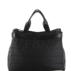 TATOO - Borsa due manici nera con fasce orizzontali imbottite e tracolla removibile, MADE IN ITALY