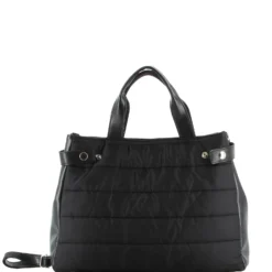 TATOO - Borsa due manici nera con fasce orizzontali imbottite e tracolla removibile, MADE IN ITALY