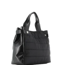 TATOO - Borsa due manici nera con fasce orizzontali imbottite e tracolla removibile, MADE IN ITALY