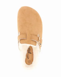 TATOO - Sabot camel con pelliccia interna e cinturino con fibbia