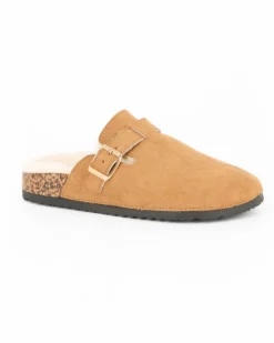 TATOO - Sabot camel con pelliccia interna e cinturino con fibbia