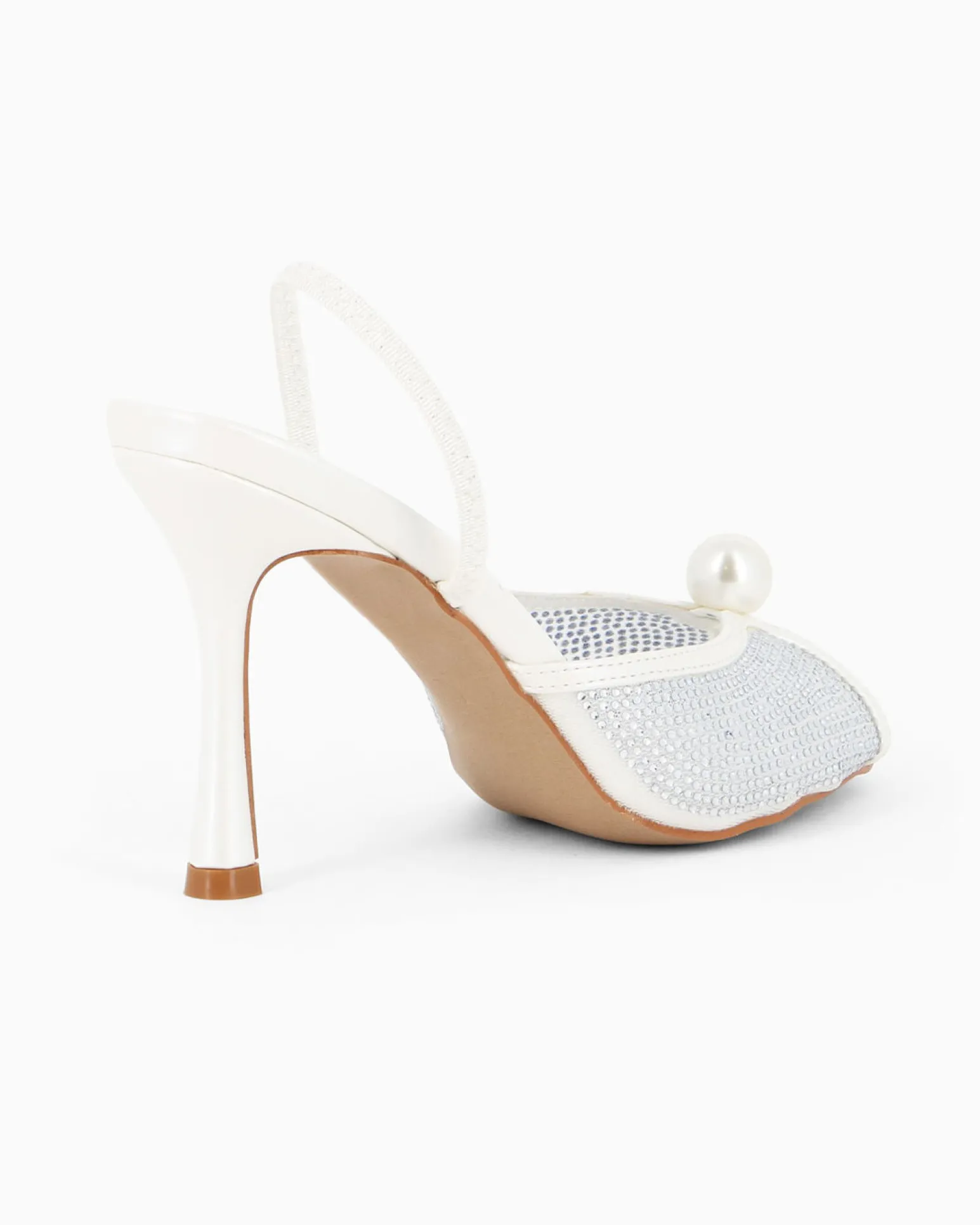 TATOO - Sandalo slingback bianco con strass e perla, tacco 9,5CM