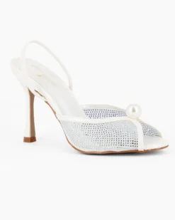 TATOO - Sandalo slingback bianco con strass e perla, tacco 9,5CM