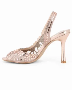 TATOO - Sandalo slingback champagne con strass e scollo laterale, tacco 9,5CM