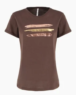 TATOO - Tshirt manica corta con stampa e scritta marrone in cotone