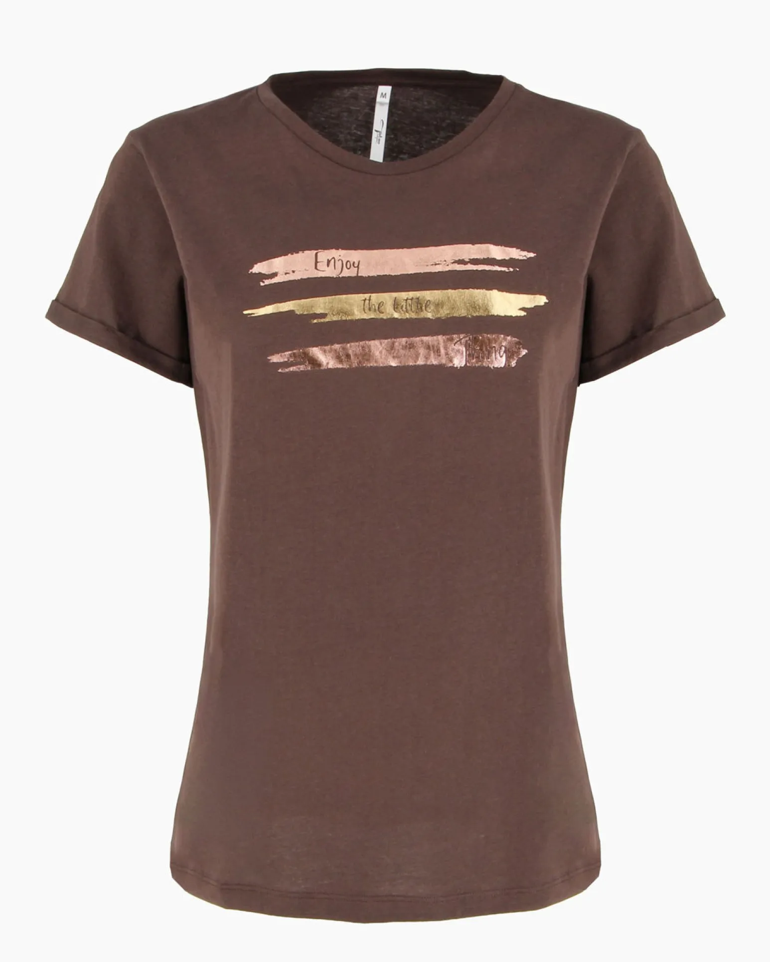 TATOO - Tshirt manica corta con stampa e scritta marrone in cotone