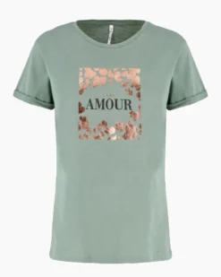 TATOO - Tshirt manica corta con stampa e scritta verde salvia in cotone