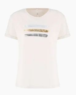 TATOO - Tshirt manica corta con stampa e scritta beige in cotone