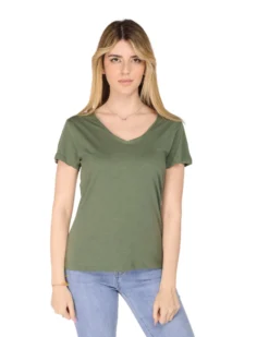 TATOO - Tshirt verde militare da donna scollo a V
