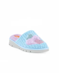 TIGLIO - Pantofola celeste con cuori e pelliccia interna, MADE IN ITALY