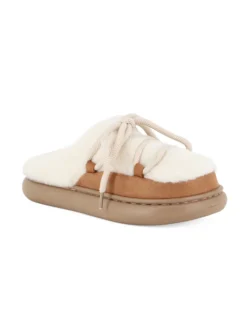 TIGLIO RAMBLAS - Ciabatta beige con pelliccia e lacci