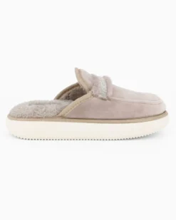 TIGLIO RAMBLAS - Pantofola beige da donna con pelliccia interna e cinturino con strass